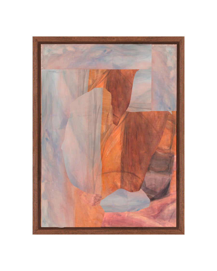 Framed abstract artwork with warm colors on a white background in wanlut canvas float frame