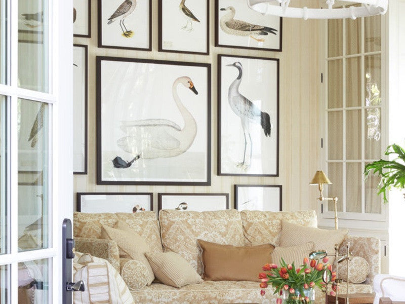 Simply Framed Gallery Frame Wide Dark Walnut featuring artwork by Ornis Gallery in a living room