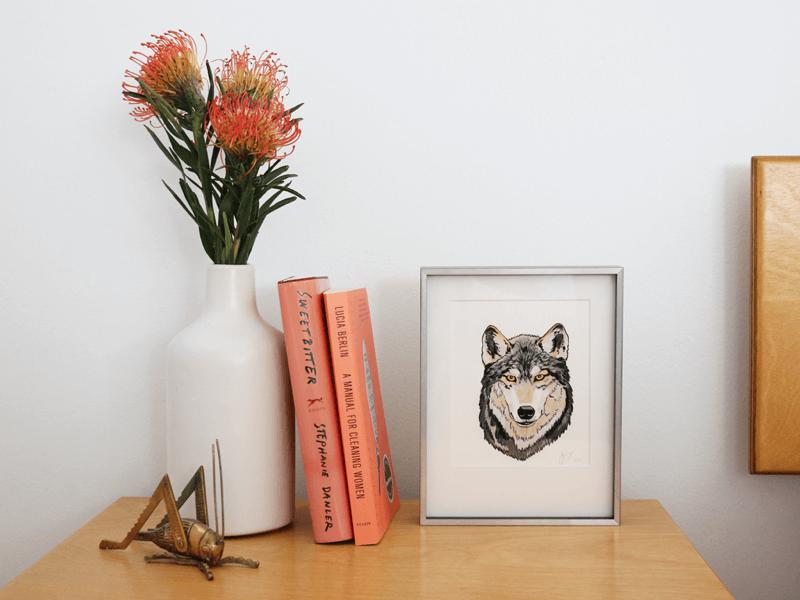 simply framed new school metal frame in silver blackout featuring an illustration by jane mount