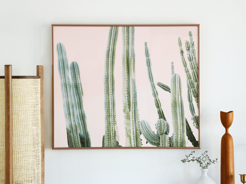 simply framed metal old school frame in matte rose gold featuring artwork by Wilder California in an interior