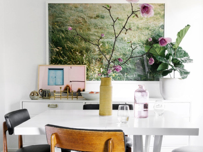 Simply Framed Gallery Frame White Wide featuring artwork by Brooke Schwab for Eventide Collective in a dining room